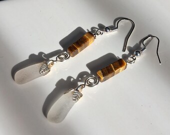 Lake Superior Beach Glass & Tiger Eye Earrings