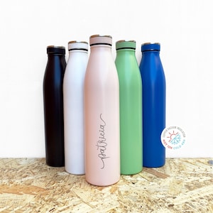 Botella térmica de acero inoxidable personalizada. Elegante botella con tu logotipo. Botella térmica grande grabada con tu nombre o texto.