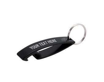 Personalised aluminium bottle opener. Custom engraved keyring. Any wording.