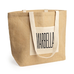 Personalized beach bag with city names. Jute bag with pocket for summer vacation. Personalized bag with your city. Touristic beach cities.