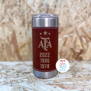 Personalized stainless steel thermos tumbler. Leather cup with your logo. Thermal tumbler engraved with your name. Custom gift. Leather cup.