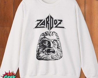Zardoz Sweatshirt, White Crewneck with Iconic Graphics from Cult Classic Film, Zardoz Head, Perfect Gift for Retro Sci-Fi Movie Fans