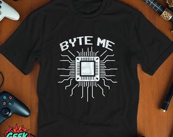 Byte Me Shirt, Funny Programmer T-Shirt, pc Chip Graphic, Black Unisex Tech Humor Tee, Geeky Coding Shirt, Programmer Gift, Nerdy Tech Shirt