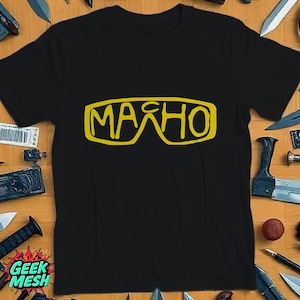 Macho Man Glasses T-Shirt - Black Tee with Silhouette Glasses Design, MACHO Text, Wrestling Fan Apparel, Randy Savage Retro Wrestler Shirt