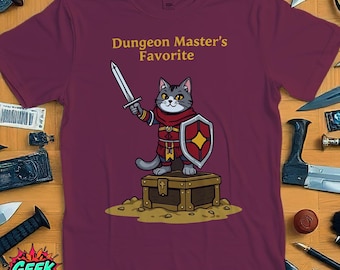 Dungeon Masters Favorite Shirt, Adventurer Cat on Gold Chest, Purple Berry Tee, Fun Fantasy RPG Cat Graphic, DnD Fan Gift, Cat Lover Shirt