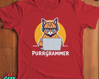 Purrgramer Shirt, Cute Programmer Cat T-Shirt, Funny Red Geek Tee, Unisex Cat Lover Gift, Programmer Humor Shirt, Cat and Code T-Shirt