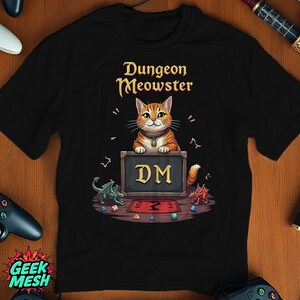 Dungeon Meowster T-Shirt, Black Cat Dungeon Master Tee, Funny D&D RPG Gift, DND Tabletop Gaming Shirt for Cat Lovers