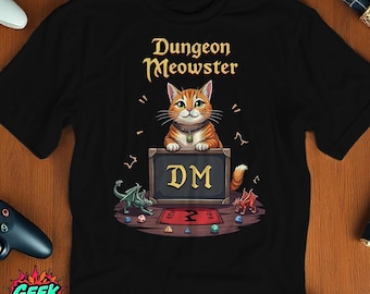 Dungeon Meowster T-Shirt, Black Cat Dungeon Master Tee, Funny D&D RPG Gift, DND Tabletop Gaming Shirt for Cat Lovers