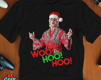 Woo Hoo Hoo T-Shirt, Black Christmas Tee with Wrestling Legend Rick Flair in Santa Hat, Funny Holiday Gift for Wrestling Fans