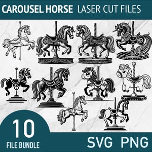 Carousel Horse SVG - Bellissimo pacchetto SVG di cavalli - Clipart vettoriali png per bambini - File di taglio laser unicorno pony - Arte di taglio per xTOOL Glowforge