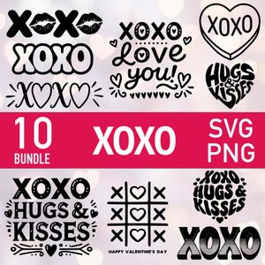 XOXO SVG - Valentijnsdag hart png - knuffels en kusjes SVG vector clipart - 10 lasergesneden bestandsbundel - snijkunst xTOOL Glowforge Cricut