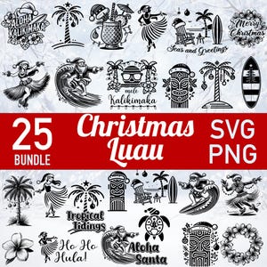Natal Luau SVG - Pacote com 25 arquivos cortados a laser - Convite tropical havaiano Palmeira Papai Noel Ornamento tribal Tiki - Cricut DIY Clip Art PNG