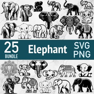 Elefante SVG - Bebê elefante SVG - Pacote de arquivos cortados a laser - Clipart vetorial PNG fofo - Mandala de contorno indiano - Arte de corte xTOOL Glowforge