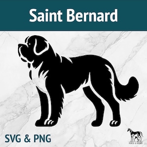 May include: Black and white silhouette of a Saint Bernard dog standing with its head turned to the left. The dog is facing the viewer. The image is on a white marble background.