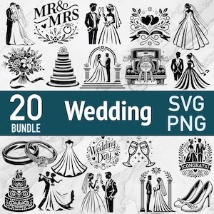 20 Wedding SVG Bundle - Laser Cut File Clipart - Invitations Party Sign PNG Vector - Bride Groom Reception Engraving xTOOL Glowforge Cricut