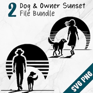 Mann und Hund zu Fuß in Richtung Sonnenuntergang SVG, Hundeliebhaber PNG Vektor Clipart, Haustier Eltern Laser Cut-Datei-Bundle, Hund Mama Papa Cricut xtool Glowforge