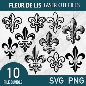 10 フルール・ド・リス SVG バンドル、ヴィンテージ レーザーカット ファイル クリップアート、ニューオーリンズ PNG ベクター、カッティング アート デザイン xTOOL Glowforge Cricut、マルディグラ