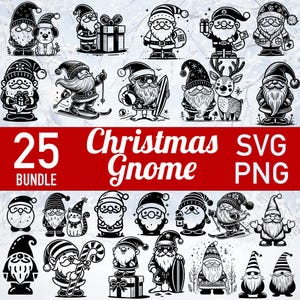 May include: A set of 25 black and white Christmas gnome SVG and PNG digital files. The gnomes are depicted in various festive activities, such as holding gifts, riding a surfboard, and wearing Santa hats.