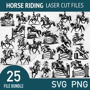 Op de afbeelding: Een set van 25 zwart-witte SVG- en PNG-bestanden met illustraties van paardrijden. De illustraties tonen ruiters die over hindernissen springen, paardrijden en andere paardensporten beoefenen. De tekst "HORSE RIDING LASER CUT FILES" en "25 FILE BUNDLE" is zichtbaar in de afbeelding.