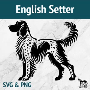 Pode incluir: Silhueta preta e branca de um cão setter inglês em pé com a cauda enroscada. O cão tem um padrão manchado e uma aparência emplumada.