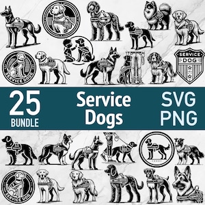Pacote SVG de cão de serviço - 25 arquivos de corte a laser - Arte de corte Cricut de remendo de colete PNG Clipart vetorial - Terapia Labrador Golden Retriever Doodle