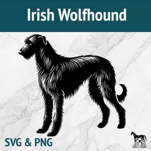 Könnte beinhalten: Schwarz-weiße Illustration eines Irischen Wolfshundes. Das Bild enthält den Text "Irish Wolfhound" oben und "SVG & PNG" unten. Ein Logo von Pferd und Hund befindet sich in der unteren rechten Ecke.