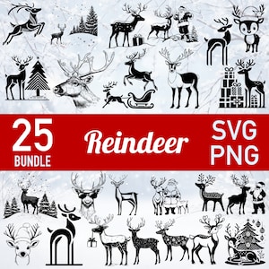 25 file di taglio SVG di renne per Cricut - Silhouette di slitta di Babbo Natale di Natale - Testa di cervo con corna PNG per xTOOL Glowforge - Buon Natale fai da te
