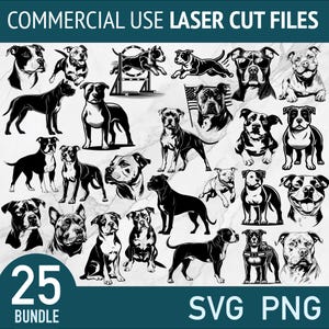 Könnte beinhalten: Ein Set mit 25 schwarzen und weißen digitalen SVG- und PNG-Dateien, die verschiedene Posen von Pitbull-Hunden zeigen. Der Text "COMMERCIAL USE LASER CUT FILES" und "25 BUNDLE" befinden sich oben bzw. unten im Bild. Der Text "SVG PNG" befindet sich unten rechts im Bild.