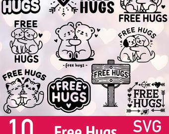 Free Hugs SVG - Kawaii Valentine SVG - Mom Day Heart png Vector Clipart - 10 Laser Cut File Bundle - Cute Cutting Art xTOOL Glowforge Cricut