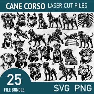 Może przedstawiać: Zestaw 25 czarno-białych plików cyfrowych SVG i PNG przedstawiających różne ilustracje psów rasy Cane Corso w różnych pozach. Pliki idealnie nadają się do projektów cięcia laserowego, tworzenia spersonalizowanych prezentów lub dodania odrobiny uroku psów do swoich projektów.