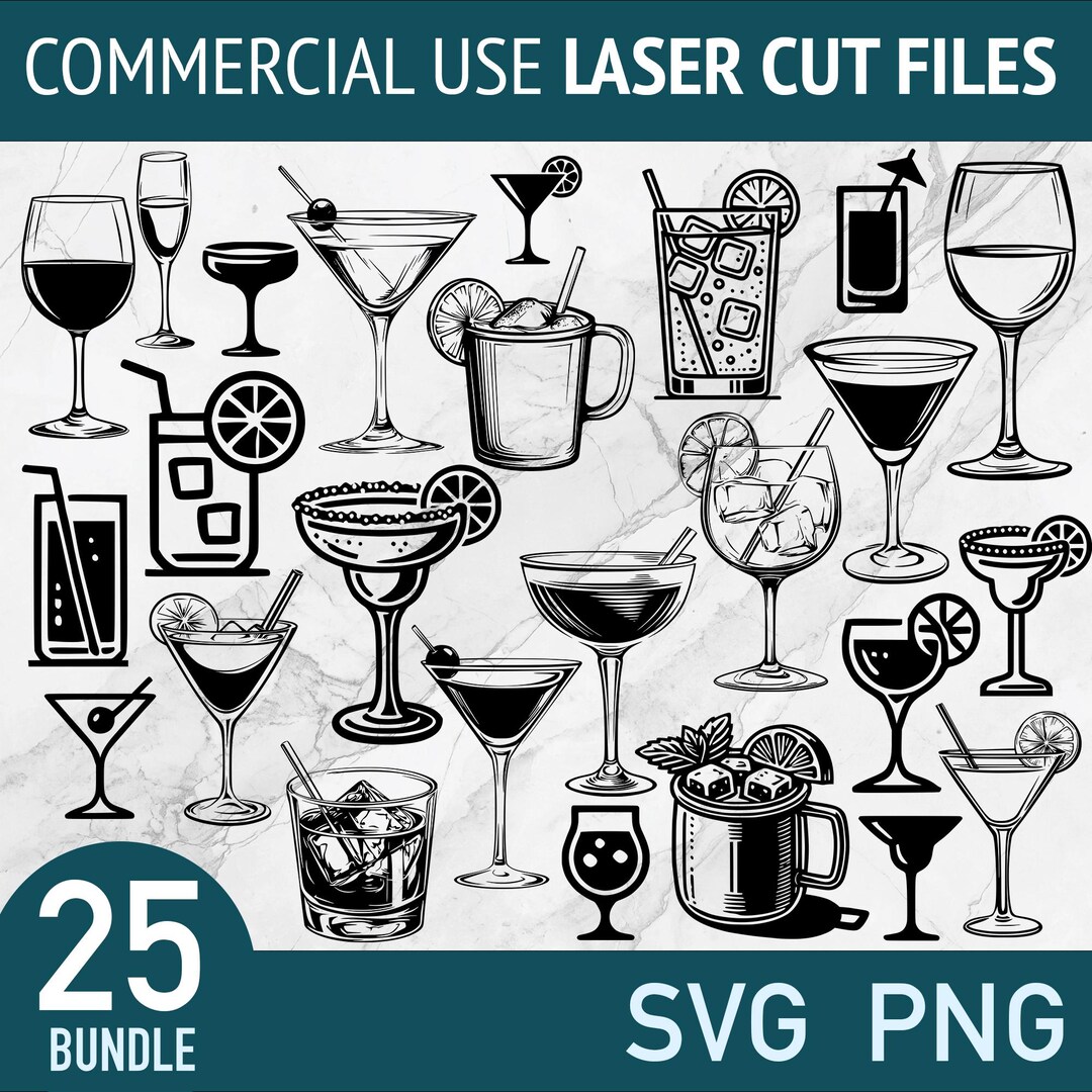 Cocktail SVG Bundle: 25 Drink Designs, Laser Cut Files (PNG, Vector) - Etsy