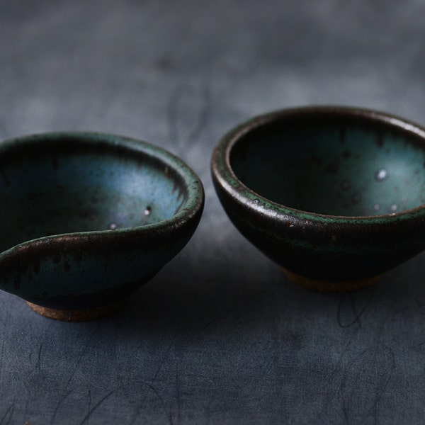 Small Wheel Thrown shallow dark green Speckled  creamer and sugar