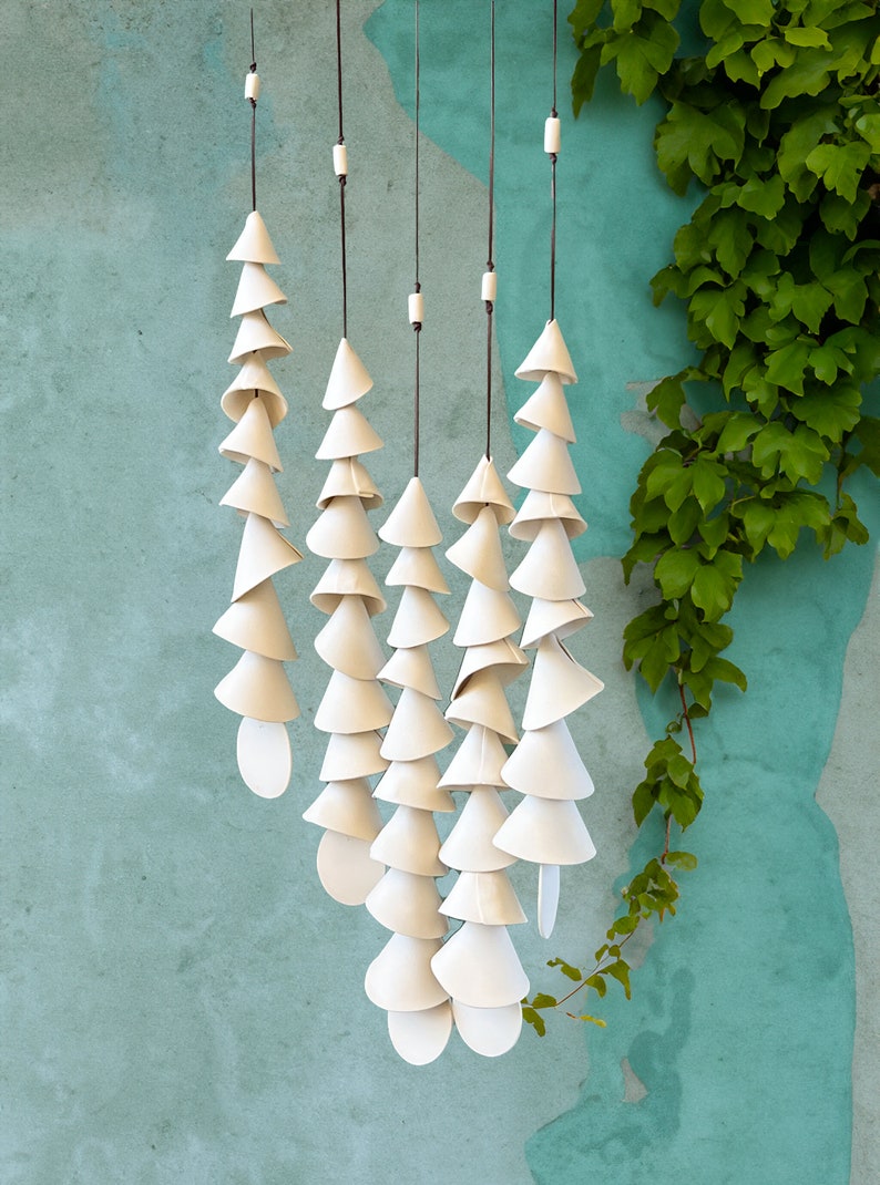 9 tier One medium off white clay Ceramic wind chime wind chime-patio wedding gift wabi sabi bell gift for her-wedding bell-couple image 8