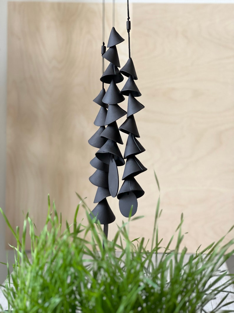 7 tier ceramic black cone medium wind chimes, with 7 bells, 1 strand , 2-3 feet long Ceramic wind chime, bff gift, house warming gift image 1