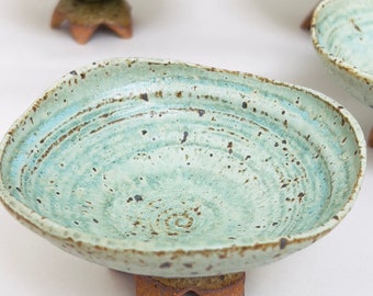 Green aqua Ceramic footed bowl, Pottery condiment,spice bowl, speckled spice bowl,salt chamber, gift for her, gift for mom, birthday gift