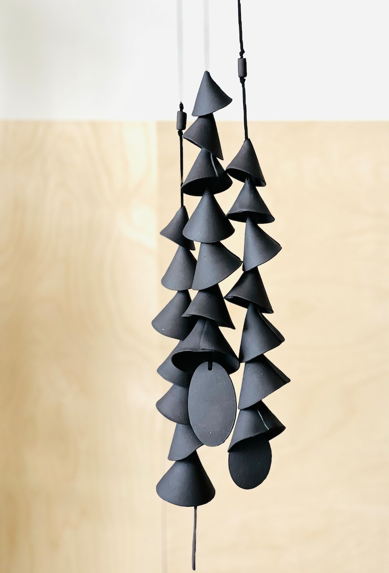 7 tier ceramic black cone medium wind chimes, with 7 bells, 1 strand , 2-3 feet long Ceramic wind chime, bff gift, house warming gift image 2