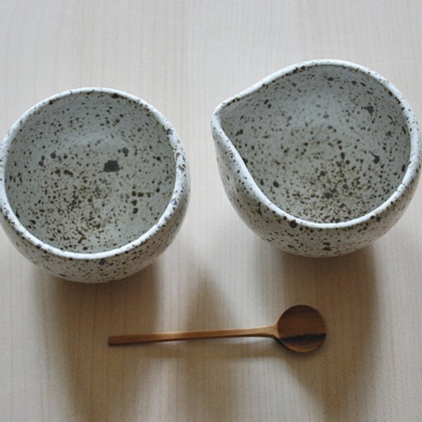 Wheel Thrown off white creamer and sugar bowl set with teak spoon