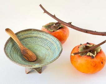 Green aqua Ceramic footed bowl, Pottery condiment,spice bowl, speckled spice bowl,salt chamber, gift for her, gift for mom, birthday gift