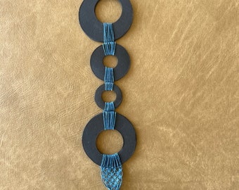 12 inch five  ring Ceramic Wall hanging, black wall hanging, blue string circle wall hanging,studio decor,black clay gift