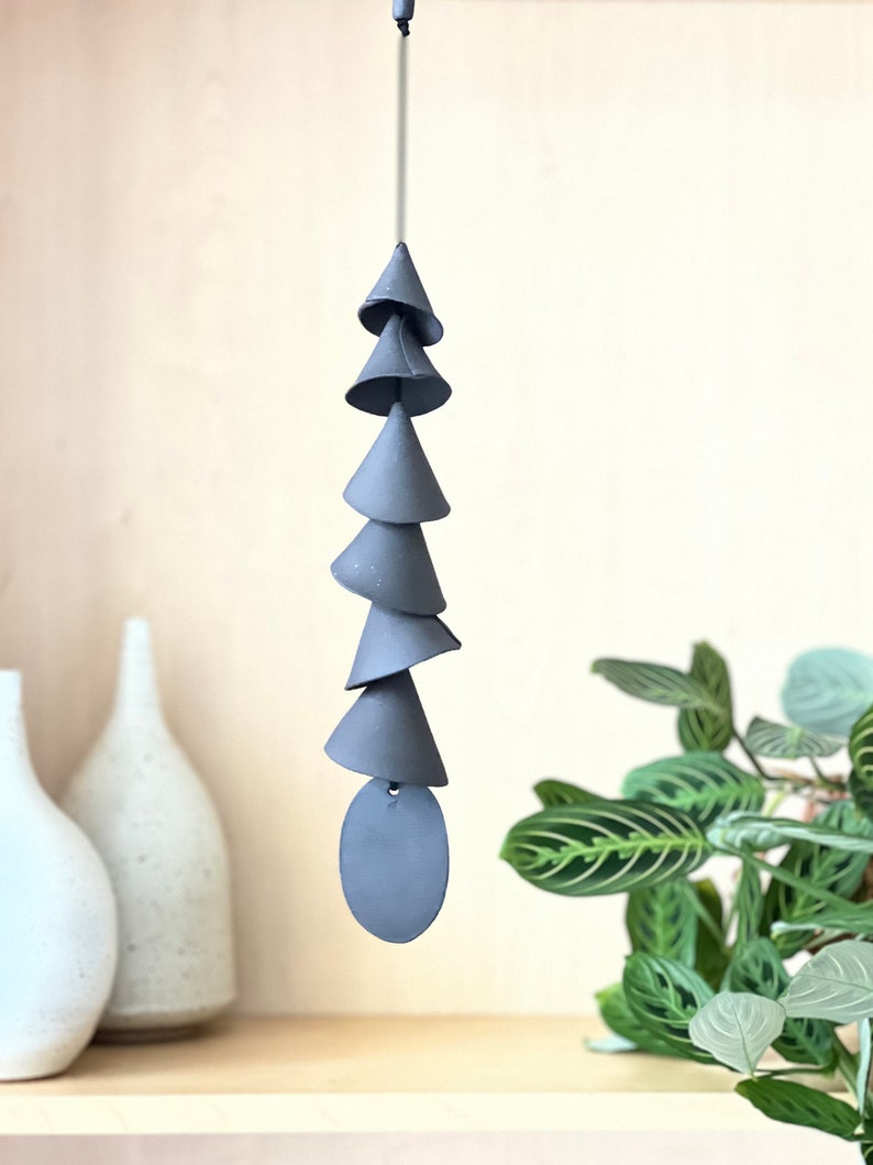 7 tier ceramic black cone medium wind chimes, with 7 bells, 1 strand , 2-3 feet long Ceramic wind chime, bff gift, house warming gift image 6