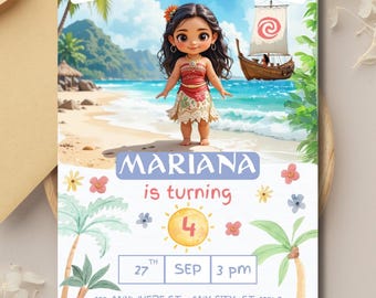 Convite editável de aniversário Moana para bebê, convite digital havaiano para aniversário Moana, convite para festa temática infantil, modelo digital de praia Moana