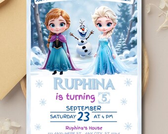 Frozen Birthday Invitation: Elsa, Anna, Olaf - 5x7 Printable Canva Template (Digital Download)