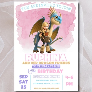 May include: A birthday invitation featuring a cartoon girl and a blue dragon against a pink watercolor background. The invitation reads "You are invited to join" and announces "Ruphina's 5th Birthday" on September 25th.