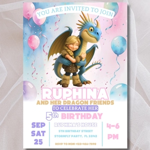 May include: A birthday party invitation featuring a cartoon girl hugging a blue dragon. The invitation includes text that reads "You are invited to join RUPHINA and her dragon friends to celebrate her 5th birthday". Balloons and streamers decorate the background.