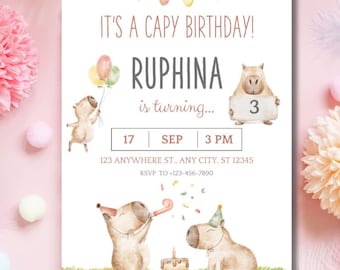 Bearbeitbare Capybara Geburtstagseinladungsvorlage, druckbare Einladung, Capibara Geburtstag, Capy Geburtstagsfeier einladen, Kinder Capi Geburtstag einladen