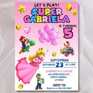 Bearbeitbare Prinzessin Peach Geburtstagseinladung Super Mario Bros Prinzessin Geburtstag einladen Sofortiger Download Pfirsich Partyeinladung Canva Vorlage