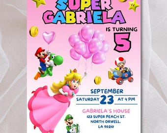 Invitación de cumpleaños editable de la Princesa Peach. Invitación de cumpleaños de la Princesa Super Mario Bros. Descarga instantánea. Plantilla Canva de invitación para fiesta de Peach.
