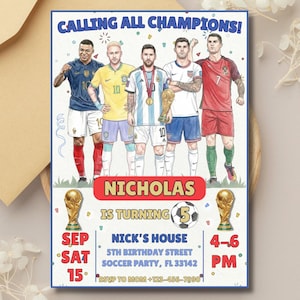 Invitación de cumpleaños de fútbol editable, plantilla de Canva, invitación deportiva, niños, Copa del Mundo, invitación electrónica para niños, Messi, Ronaldo, Pulisic, Neymar, fútbol imagen 3