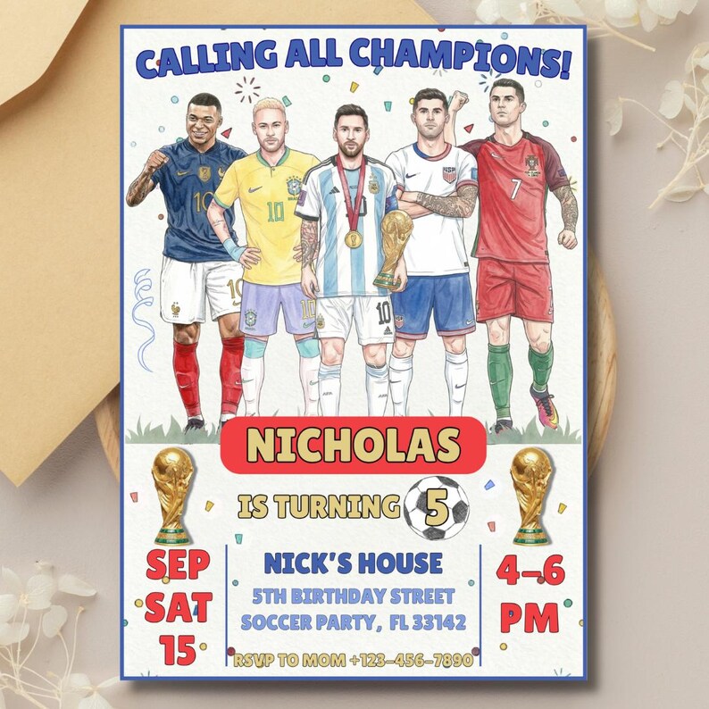 Invitación de cumpleaños de fútbol editable, plantilla de Canva, invitación deportiva, niños, Copa del Mundo, invitación electrónica para niños, Messi, Ronaldo, Pulisic, Neymar, fútbol imagen 3