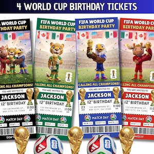 May include: Four FIFA World Cup birthday party tickets with cartoon mascots holding trophies. Each ticket features a different mascot, the text "Calling All Champions!", and details for Jackson's 12th birthday.